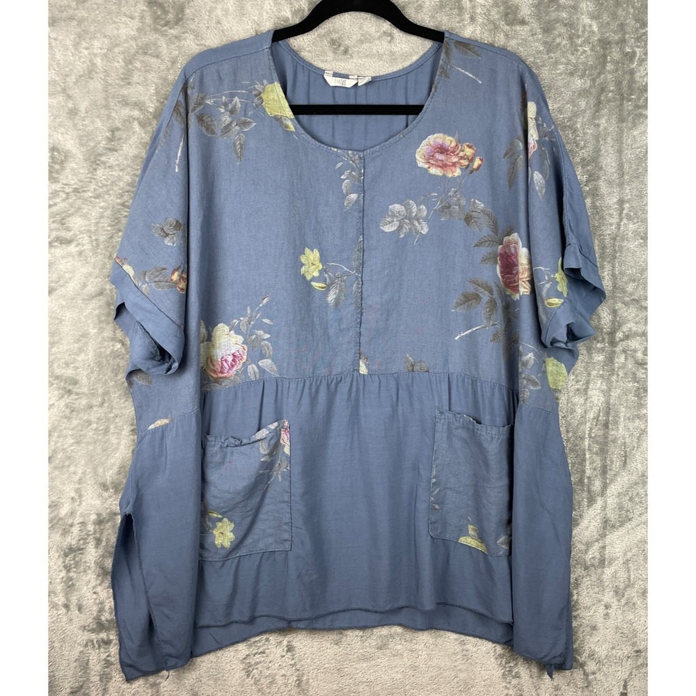 Kaktus Tunic Top Women‎ M Blue Floral Pockets Linen Blend Oversize Made in Italy